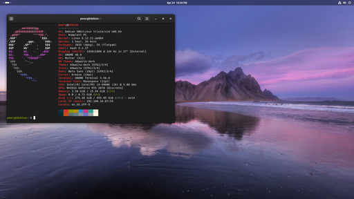 Screenshot of a desktop computer running the GNOME desktop environment with GNOME Terminal open. The wallpaper features a pink and purple-toned beach scene with mountains in the background.