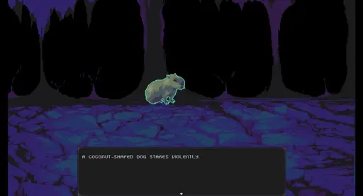 A battle screen in Osteoblasts with a capibara at the center, with this text: "A coconut-shaped dog stares violently."