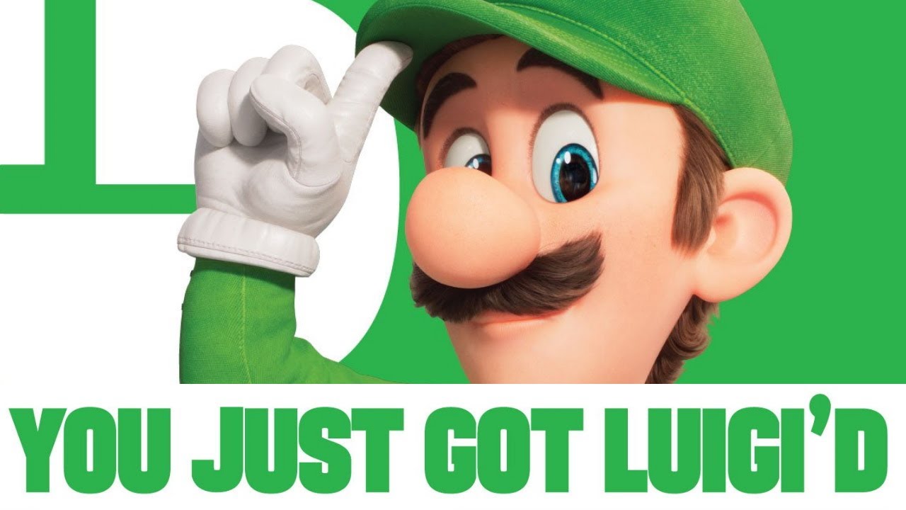 A still from the trailer of the Super Mario movie of Luigi tipping his hat, with a caption saying "You just got Luigi'd".